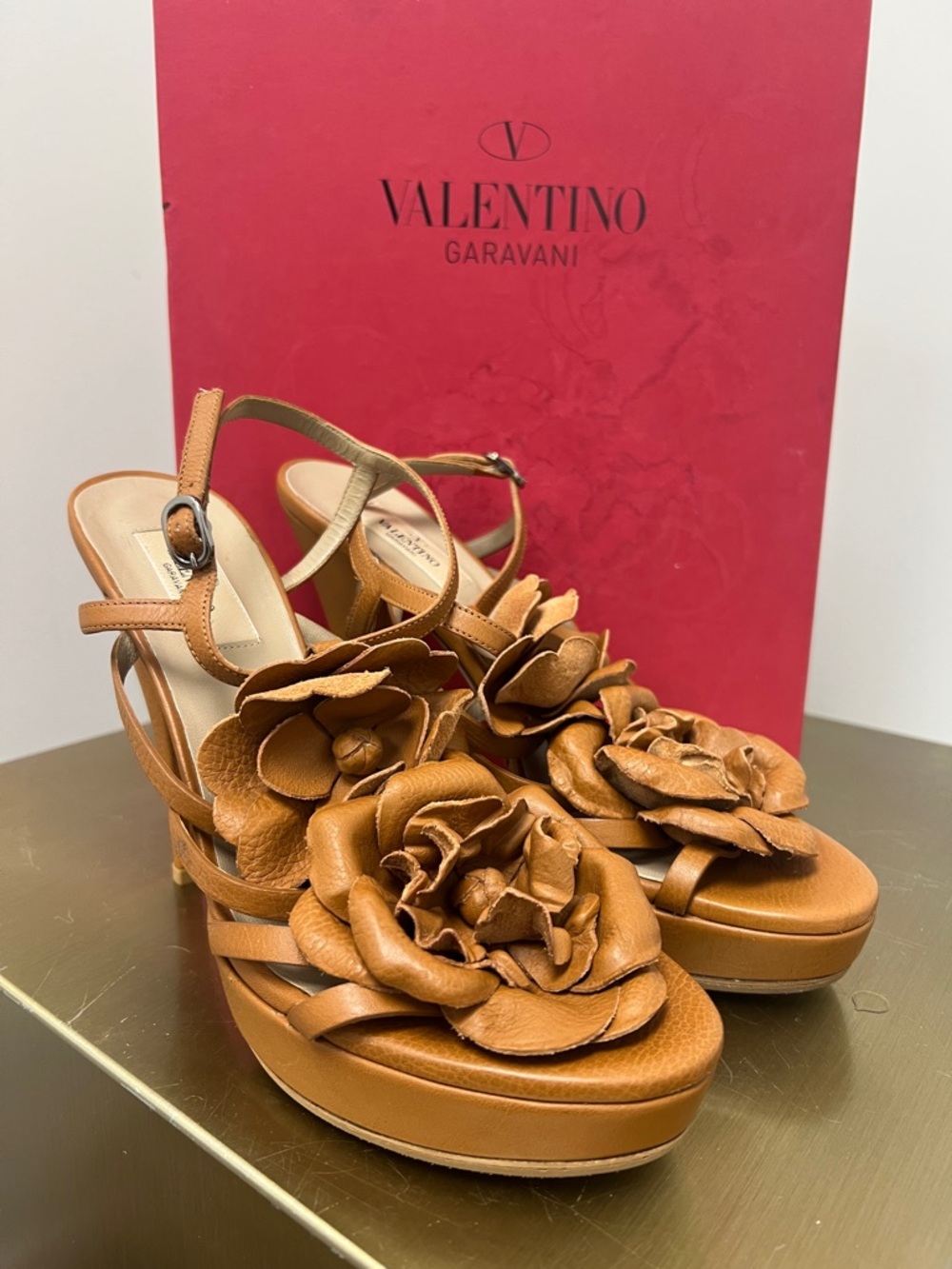 Valentino Garavani Tan Leather Floral Platform Sandals